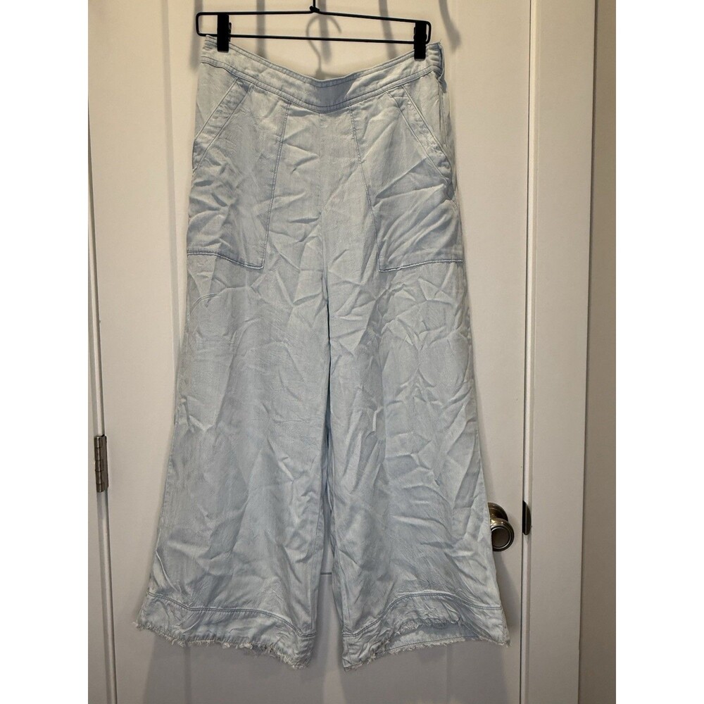 Cloth & Stone Chambray Tencel Lyocell Raw Hem Wide Leg Cropped Pants Light Blue